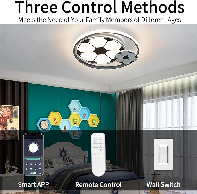 Modern Ceiling Light LED Kids Room Ceiling Lamp for Bedroom Dimmable Soccer Flush Mount Ceiling Light with Remote Control 17" Living Room Light Fixtures for BoysRoom,Kitchen 3000k-6000K