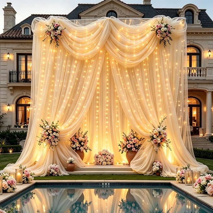 Champagne Tulle Backdrop Curtains with Lights String for Parties - 20×10Ft Sheer Backdrop Curtains with Lights for Wedding, Baby Shower, Birthday Party, Photo Shoot Background Decoration