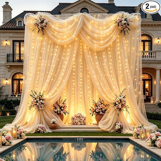 Champagne Tulle Backdrop Curtains with Lights String for Parties - 10×10Ft Sheer Backdrop Curtains with Lights for Wedding, Baby Shower, Birthday Party, Photo Shoot Background Decoration