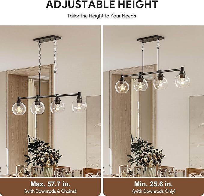 VONLUCE Dining Room Light Fixture Over Table, 4-Light Kitchen Island Lighting with Round Glass Shades & Adjustable Hanging Heights, Linear Chandlier for Dining Room Kitchen, Black, ETL Certificated