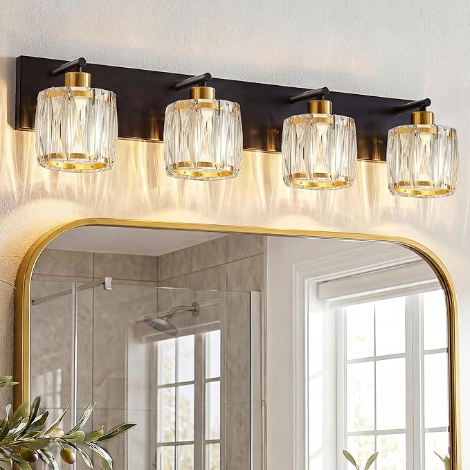 VOLISUN Crystal Vanity Lights for Bathrooms, 4 Light Bathroom Vanity Light, Black and Gold Bathroom Light Over Mirror, Modern Bathrooms Lights Fixtures-UL Certificated(Exclude Bulb)