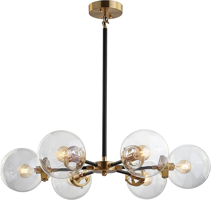 JONATHAN Y 28" Black/Brass Gold Modern 6-Light Cluster Pendant Chandelier, Clear Glass Shade Hanging Fixture for Kitchen Island Dining Room, LED Bulbs Included, Dimmable JYL9015A