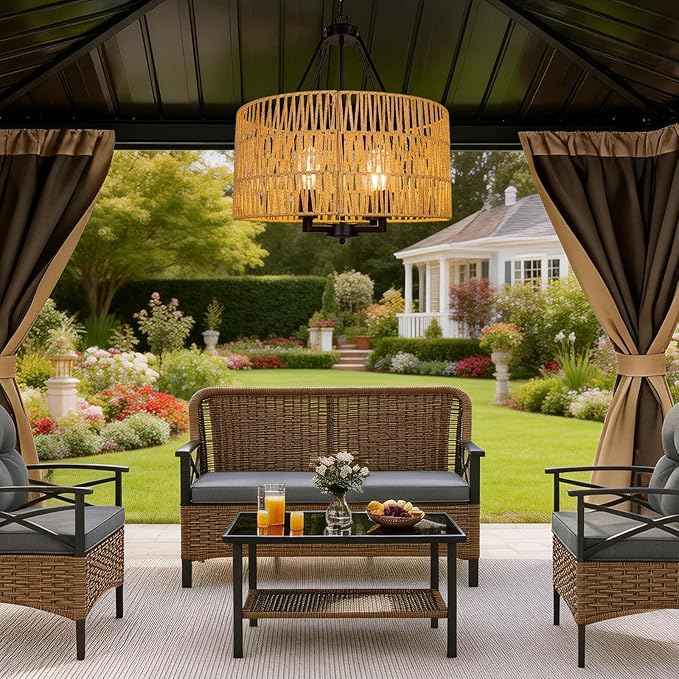 Solar Outdoor Chandelier, 4-Light 19" Rattan Outdoor Chandelier, Solar Hanging Pendant Waterproof Lights, for Gazebo, Pergola, Porch, Patio, Backyard