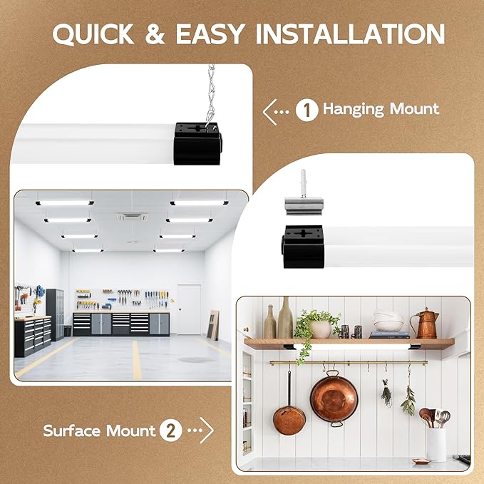 hykolity 2 Pack LED Shop Light, 2FT 22W [200W Equivalent], 2400lm, 5000K Daylight, with Plug,Linkable Led Garage Ceiling Lights, Workshop,Hanging or Surface Mount, Black