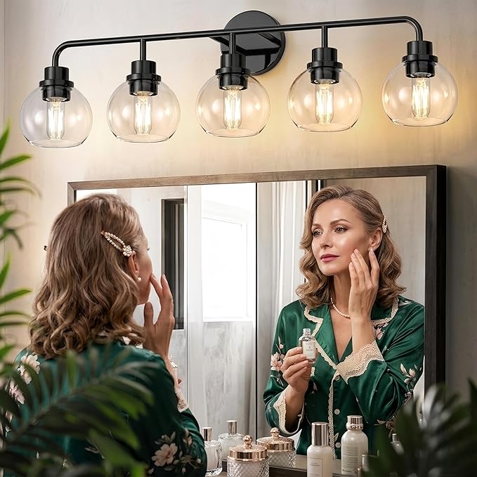 DORESshop Built to Last 20 Years Bathroom Light Fixtures, 5-Light Vanity Lights Over Mirror, Black Wall Lamp with Clear Glass for Living Room Decor Bedroom Porch Cabinet