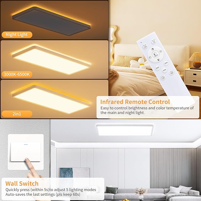 MOONSEA 23 Inch LED Flush Mount Ceiling Light with Remote Control 3200LM, 32W + 6W Backlight Rectangle Surface Mount Ceiling Light, for Bedroom, Kids Room, Party, White