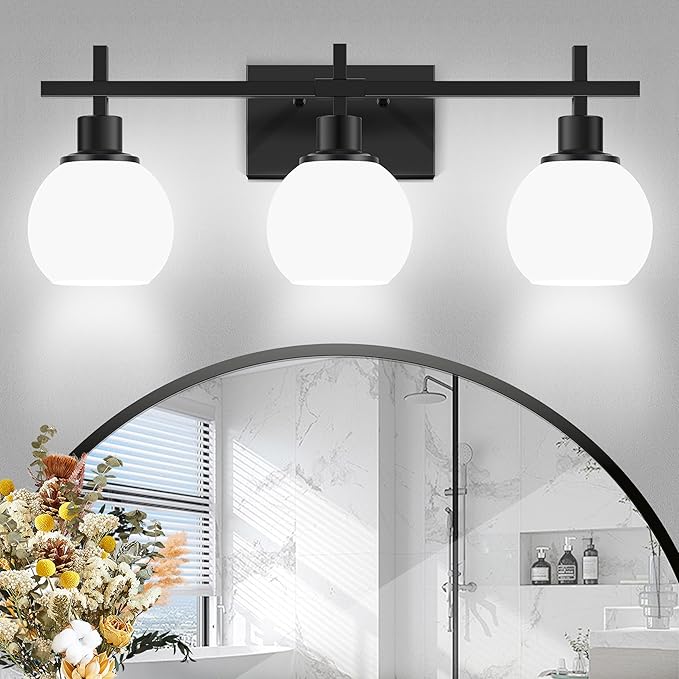 Dpyrrhic Modern Vanity Lighting Fixtures,3-Light Black Bathroom Lighting Fixtures Over Mirror，Bathroom Wall Mounted Vanity Light with Milky White Glass Lampshade for Living Room，Bedroom，Hallway