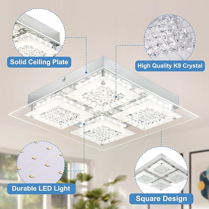 Crystal Ceiling Light LED Square Hallway Light Fixture Dimmable Flush Mount Ceiling Lights 14 Inch 4000K Bathroom Ceiling Lighting Foyer Chrome Kitchen Living Room Light