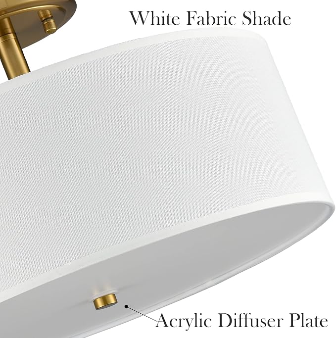 Dimmable Gold Semi Flush Mount Ceiling Light with Drum Shade Ceiling Light Fixture 30W 3000K/4500K/5500K Brass LED Flush Mount Light for Bedroom Hallway Living Room, 15-Inch