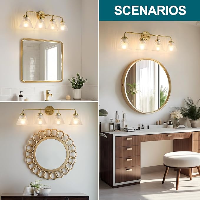 Modern Bronze Bathroom Vanity Light, 4-Light Wall Sconce with Clear Ribbed Glass Shades, Farmhouse Industrial Light Fixture for Bathroom, Vanity Mirror, Powder Room, Hallway (bronze, Eletroplate, 4)