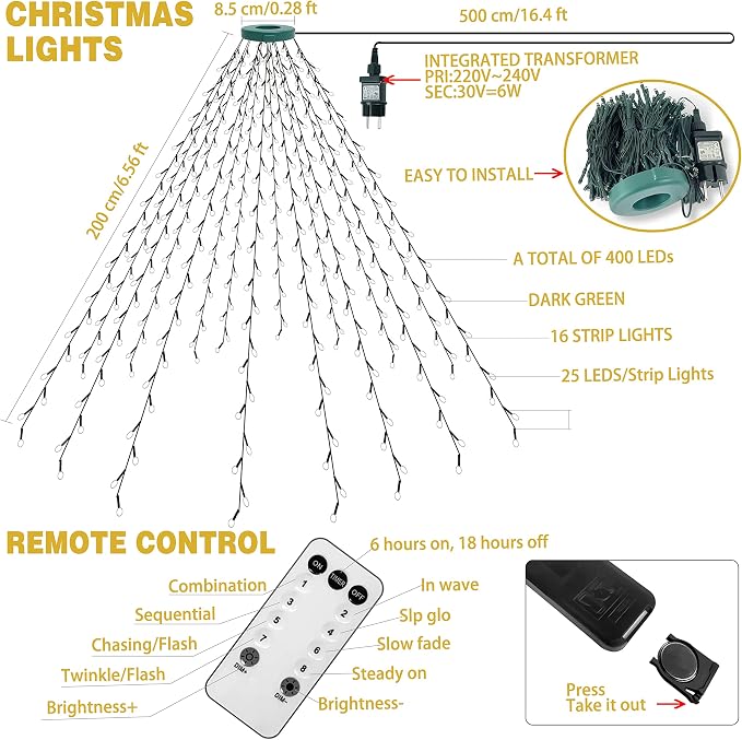 Christmas Tree Lights with Ring 16 Strings 400 LEDs, Xmas String Lights with Timer 6.6FT Easy to Install, Christmas Lights Fairy Tree Light 8 Mode for Xmas Fir Pine Party Decoration Warm White