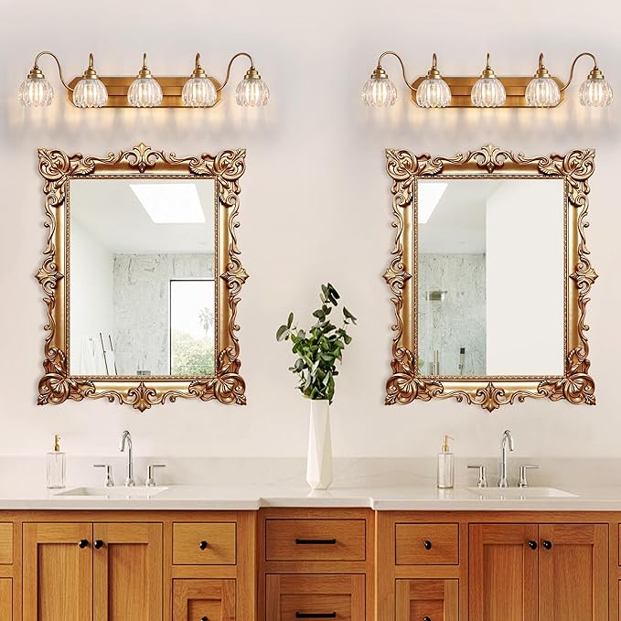 Gold Vanity Light, Vintage Bathroom Light Fixtures, 5-Light Matte Antique Brass Finish with Crystal Glass Shade, Mid Century Style Wall Sconces for Bedroom, Living Room