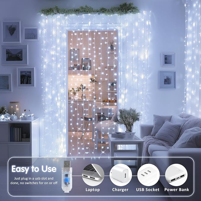 JMEXSUSS 200 LED White Curtain Lights, 6.5ft x 6.5ft White Christmas Lights with Remote, 8 Modes Curtain Hanging String Lights USB Powered for Bedroom Wall Wedding Party Backdrop Window Decor