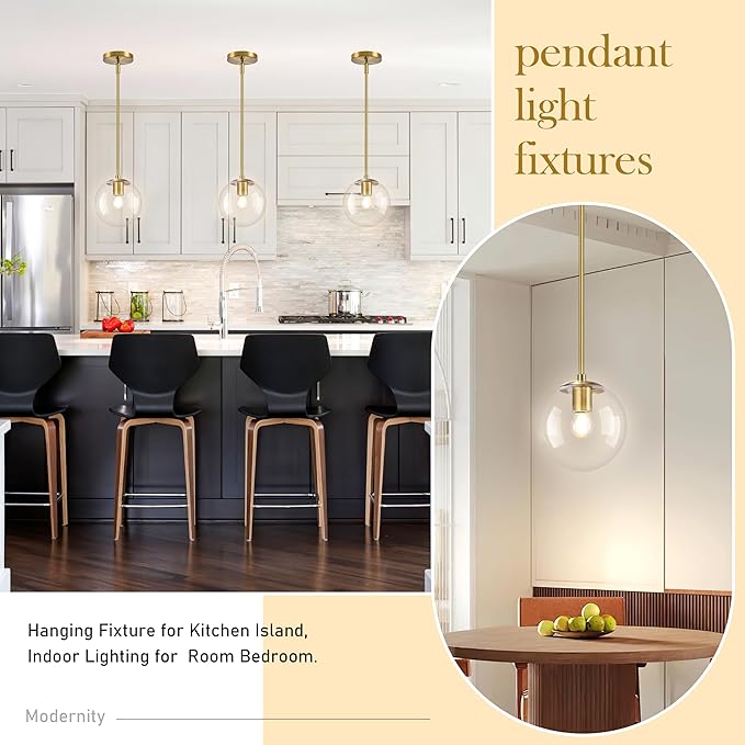 Bagood 8" Globe Pendant Light Gold 2 Pack Mid Century Pendant Light Globe Pendant Lights Kitchen Island Brushed Brass Finished with Clear Glass Adjustable Ceiling Light Fixtures for Dining Room Bar