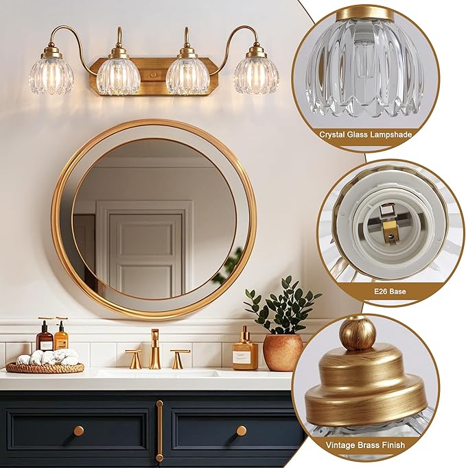 Gold Vanity Light, Vintage Bathroom Light Fixtures, 4-Light Matte Antique Brass Finish with Crystal Glass Shade, Mid Century Style Wall Sconces for Bedroom, Living Room