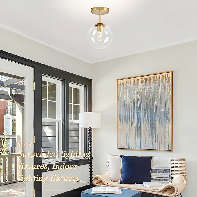 8 Inch Gold Semi Flush Mount Ceiling Light Fixture Clear Glass Globe Ceiling Light Fixture Modern Hallway Light Fixtures Mid Century Ceiling Light Brass Finish for Entryway Bedroom (Bulb Incl.)