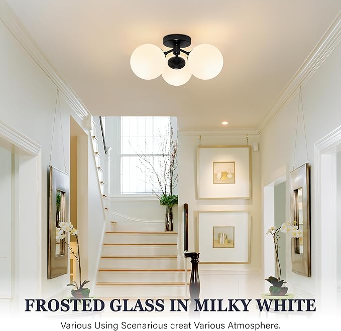 3 Light Mid Century Modern Black Semi Flush Mount Ceiling Light Milk Glass Globe Ceiling Lights Black Chandelier 3 Light Sputnik Ceilings Light Fixture for Bedroom Living Room Hallway Entryway