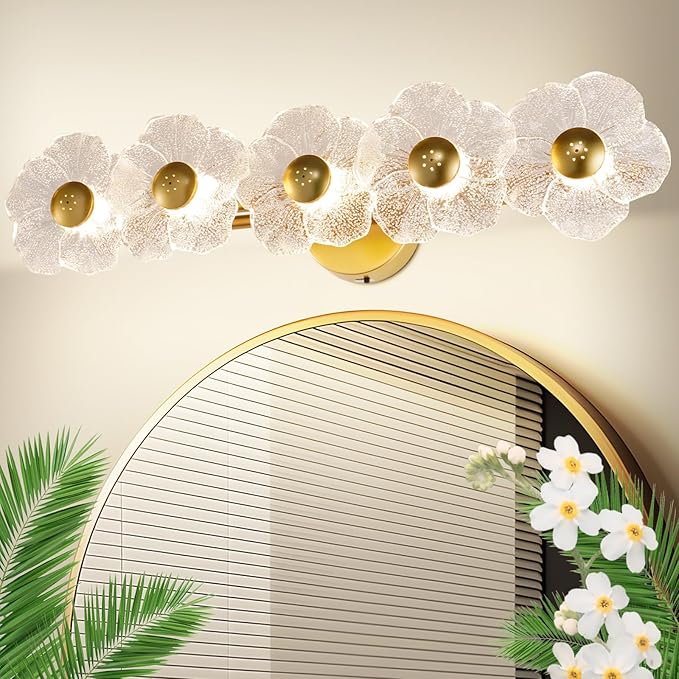 26.7" Gold Bathroom Light Fixtures 5 Light Floral Vanity Lights, 3-Color Dimmable Bathroom Vanity Light Elegant Led Wall Lights Cordless Wall Sconces for Decor,Bathroom,Livingroom