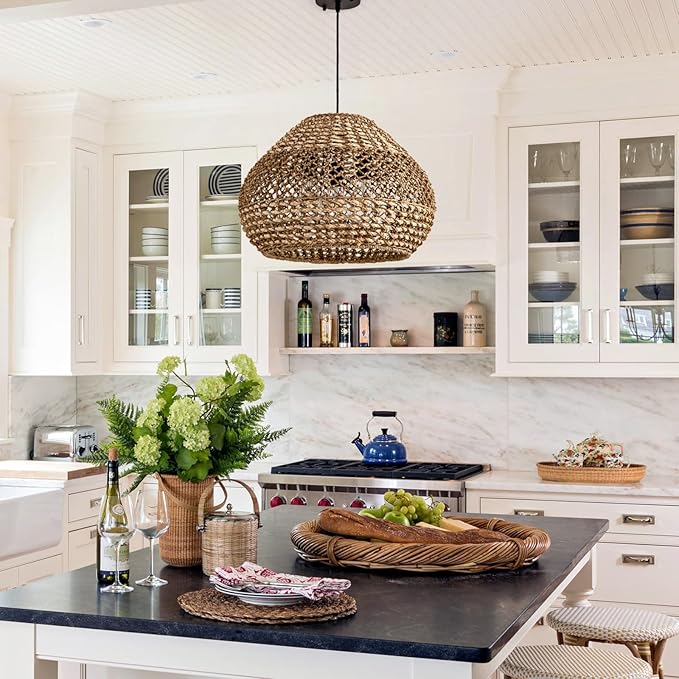 19in Large Rattan Chandelier 3-Lights Boho Hand Woven Wicker Dining Room Lighting Fixtures Farmhouse Round Rattan Pendant Light for Living Room Bedroom Kitchen Island Restaurant Bar