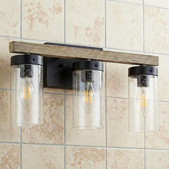 Rustic Vintage Wall Sconce, Farmhouse Vanity Light, Bathroom Wood Wall Light Over Mirror with Seedy Glass Shade.(Pinewood, 3-Light)