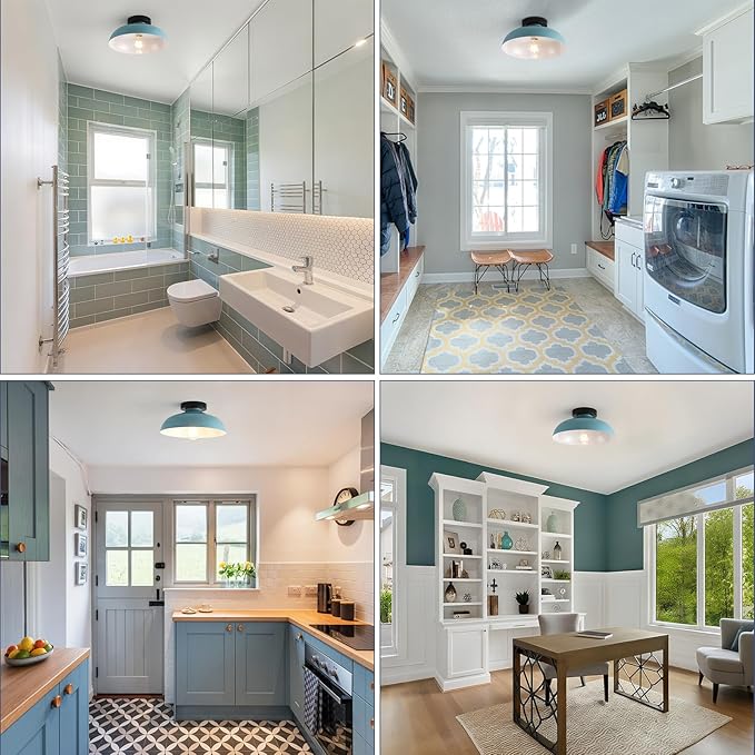 Semi Flush Mount Ceiling Lights, 12 Inch Metal Small Ceiling Light for Kids Room Industrial Close to Ceiling Light Fixtures with Light Blue Shade for Entryway Kitchen Hallway Bedroom Bathroom Laundry