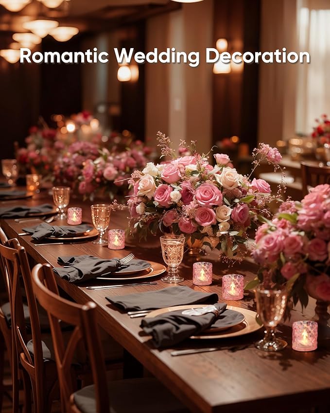 Homemory 2" x 2" Acrylic Votive Candle Holders with Auto Timer Flameless Led Tealight with, Battery Powered Fake Electric Candles for Wedding Centerpiece, Table, Christmas Decor (6Pack, Pink Base)