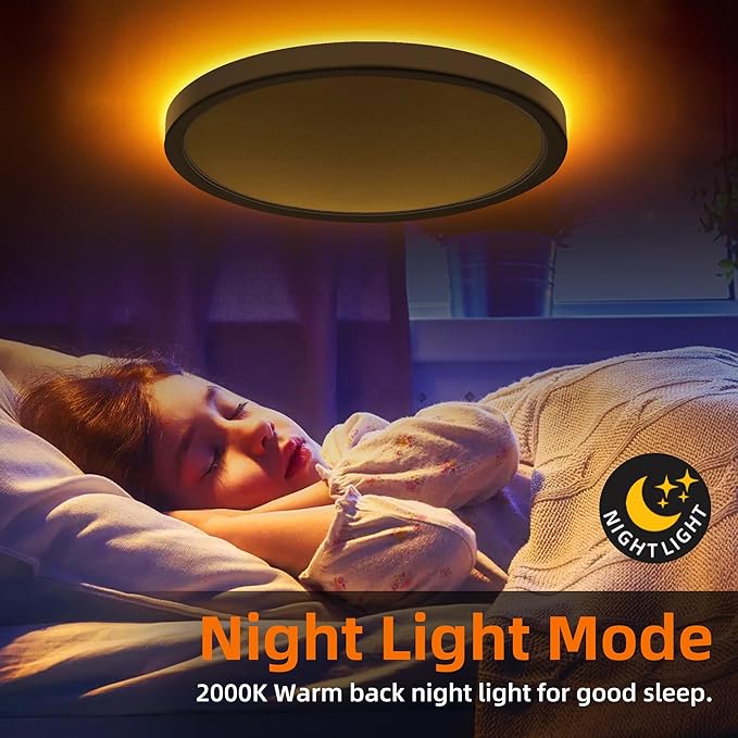 Hlite 12 Inch Flush Mount LED Ceiling Light with Night Light, 24W, 2400lm, Selectable 3000K/4000K/5000K, Flat Lights for Bedroom, Kitchen, White (1Pack)