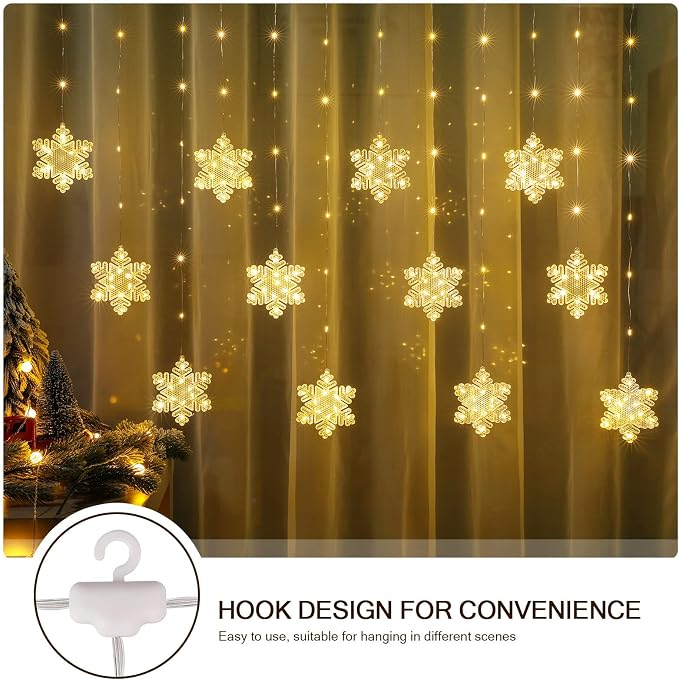 BLOOMWIN Window Lights Christmas Decor 10ft 12 Snowflakes Icicle Lights USB Christmas Curtain Lights for Bedroom Indoor Wall Winter Decorations for Home Church Wedding Birthday, 8 Modes, Warm White