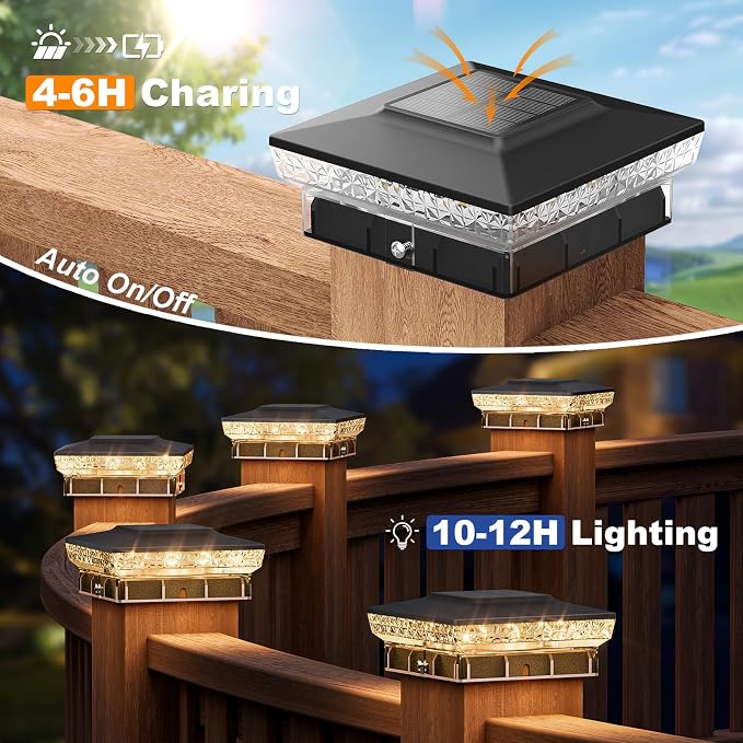 APONUO Solar Post Cap Lights for 4x4 Wood &Vinyl Posts, 3 Light Modes & 800mAh Battery, IP65 Waterproof Rugged Unibody, Solar Outdoor Lights for Fence, Deck & Patio (Black, 6 Pack)
