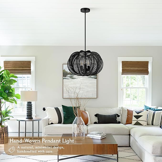 17.7 Inch Rattan Pendant Light Black Hemp Rope Rattan Light Fixture Woven Pendant Wicker Chandelier 3-Light Boho Chandelier for Foyer