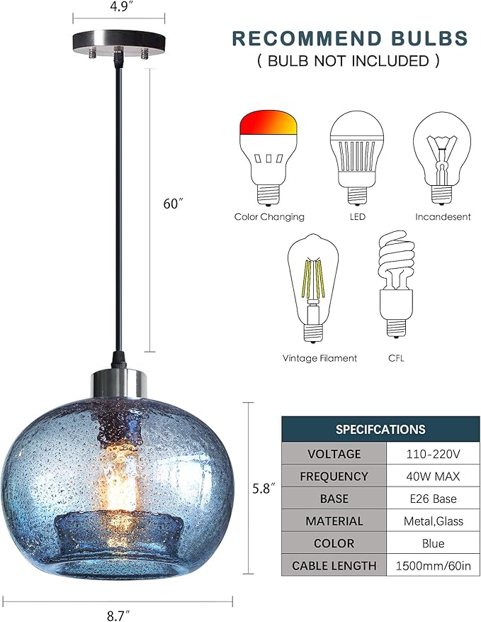 CASAMOTION Glass Pendant Lights Kitchen Island Modern Farmhouse Blue Ceiling Hanging Light Fixtures Globe Over Table Sink Foyer Entryway Brushed Nickel 8.7 Inch Diam