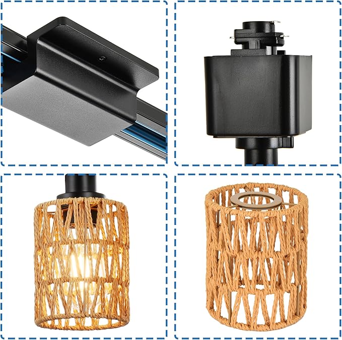 MELUCEE 4 Packs H-Type Track Hanging Light Black Ceiling Track Lighting Fixtures Rattan Pendant Light for Kitchen Island Dining Room Restaurant, Compatible with H Type Track Lighting Rail, E26 Socket