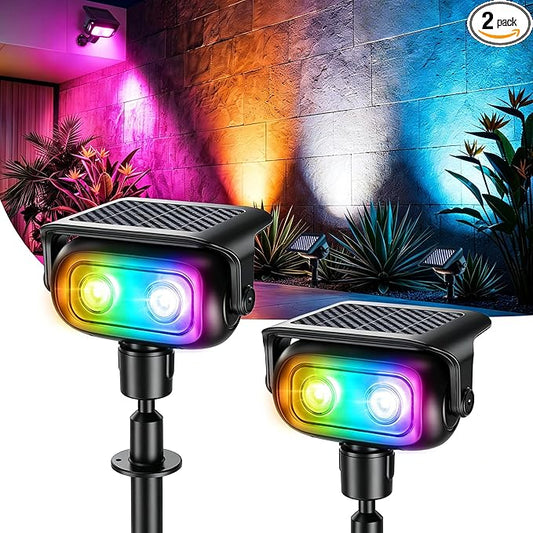 Brizled RGB Solar Spotlights Outdoor, 2 Pack 9 Colors & 11 Modes Outdoor Landscape Spot Lights, 360° Rotation Color Changing Spot Light Waterproof Solar Lights for Trees Yard Garden Path Landscape