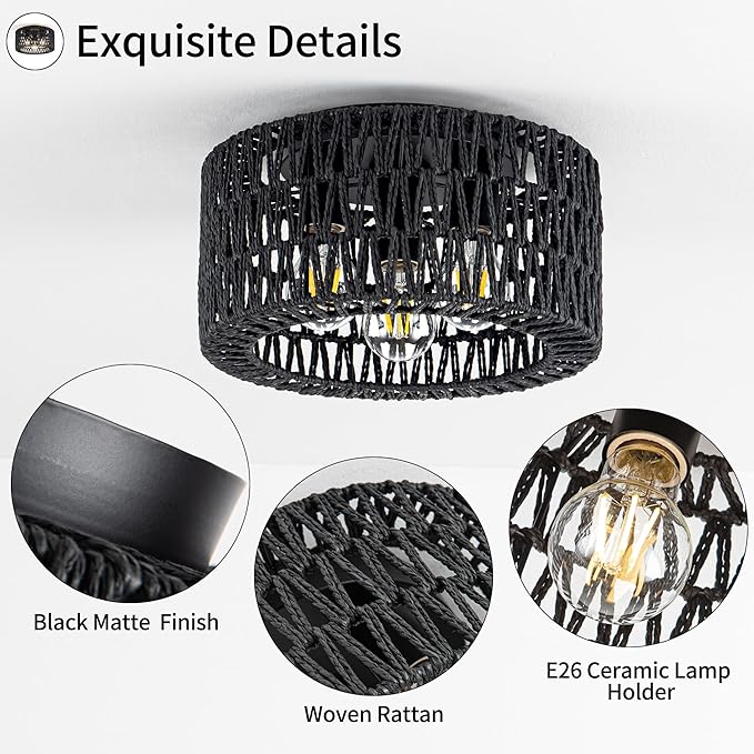 Rattan Ceiling Light Fixture, 3-Light Bohemian Modern Woven Ceiling Light, Black Boho Flush Mount Ceiling Light for Bedroom Living Room Dining Room, Bulb Not Included