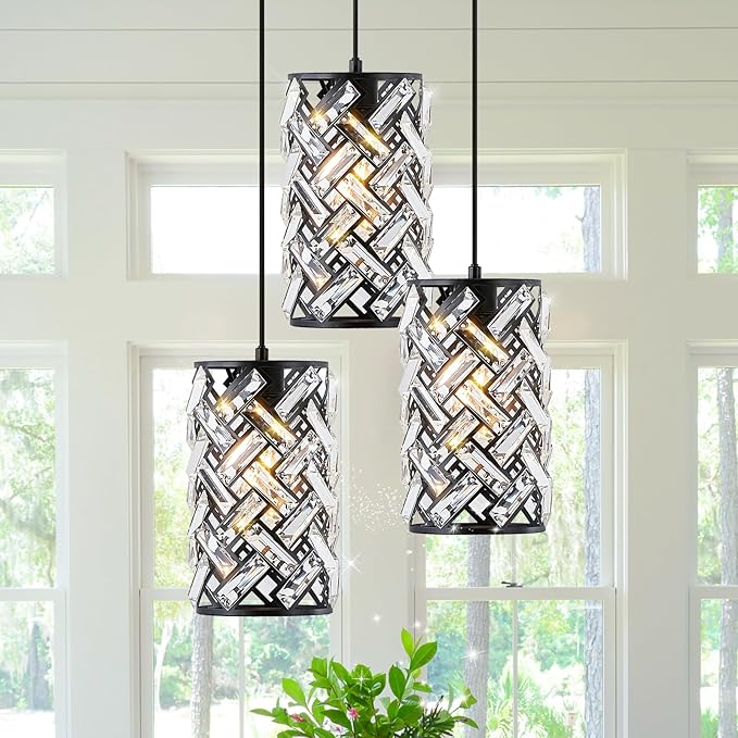 CATINER 3 Lights Crystal Pendant Light Modern Black Mini Chandelier, Adjustable Cluster Pendant Light Fixture for Kitchen Island Dinning Room Bedroom Hallway Porch