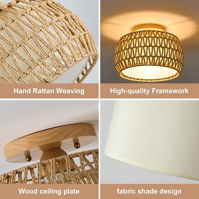 2 Packs Boho Rattan Flush Mount Ceiling Lights 12 Inch Farmhouse Ceiling Light Fixtures Rustic Wicker Hand Woven Rope Cage for Dining Room Kitchen Bedroom Foyer Hallway Entryway