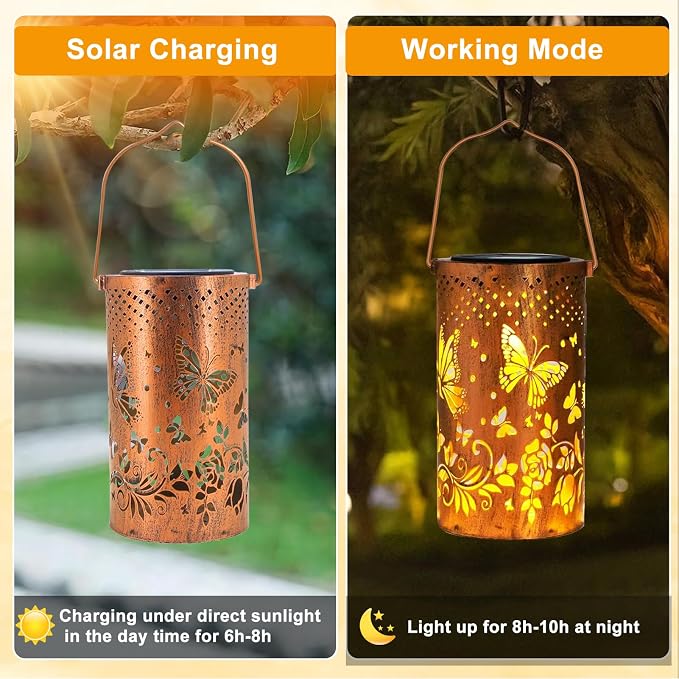 Butterfly Solar Lanterns Outdoor Waterproof Hanging Lights, Butterfly Garden Decor Gifts for Women Mom Grandma, Metal Decorative LED Solar Lanterns for Yard Patio Porch Balcony Garden Decor