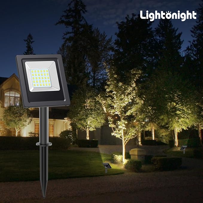 Lightonight Solar Lights Outdoor 1 Pack with Stake, 6500K Cool White | Waterproof Flood Light outdoor, Dusk to Dawn Security Lighting for Porch Patio Yard Garage