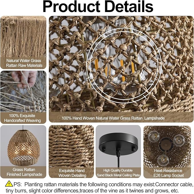 13.39" Rattan Pendant Light,Boho Hand Woven Wicker Hanging Light Natural Grass Rattan Chandelier for Dining Living Bedroom (Sand Black+Rattan)