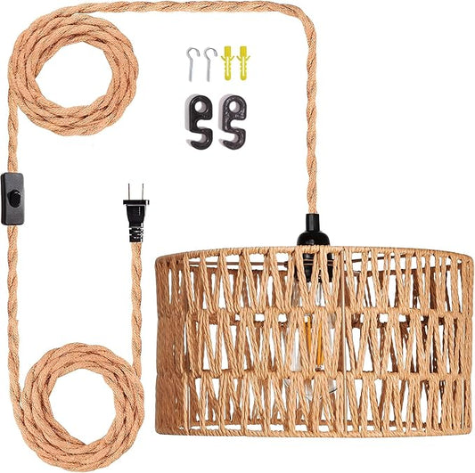 Maliralt Hanging Lamps Rattan Pendant Light Hanging Lights 16.4ft Plug in Cord Pendant Light Fixture Plug Into Wall Outlet Pendant Lighting with On Off Switch for Bedroom Living (Cylindrical Shade)
