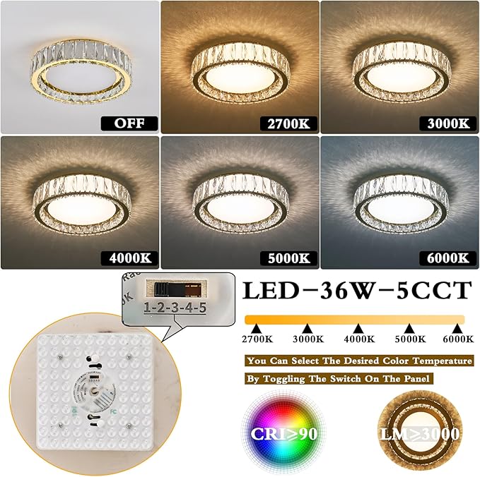 Crystal Dimmable Flush Mount Ceiling Light, Gold Modern LED Close to Ceiling Light Fixture with 5CCT 2700K-6000K, Round Kitchen Lighting for Bedroom Laundry Room, Hallway, Living room (15in 36W)