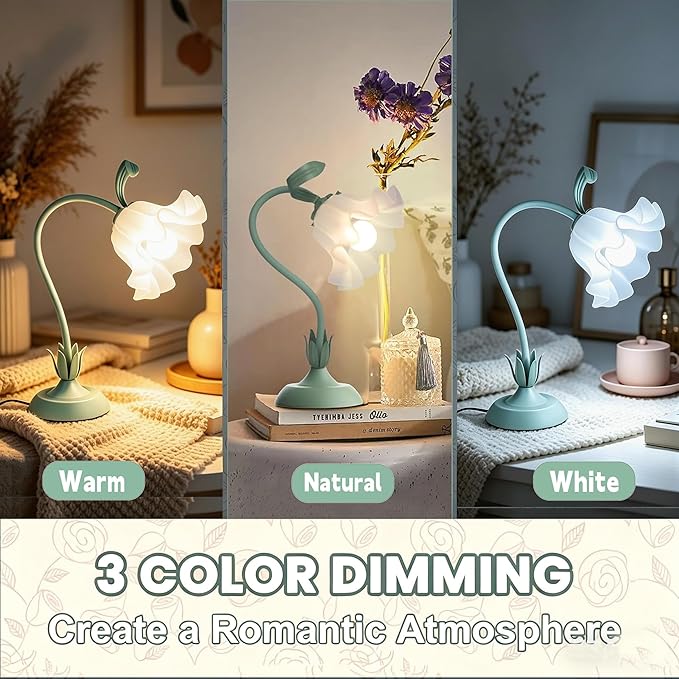 Flower Desk Lamp, LED Reading Light Flower Table Lamp, 3 Colors Flower Lamp for Girls Bedroom, Adjustable Flexible Lamp for Nightstand, Bedside Table Lamps for Bedroom, Living Room, Home Decor (Green)