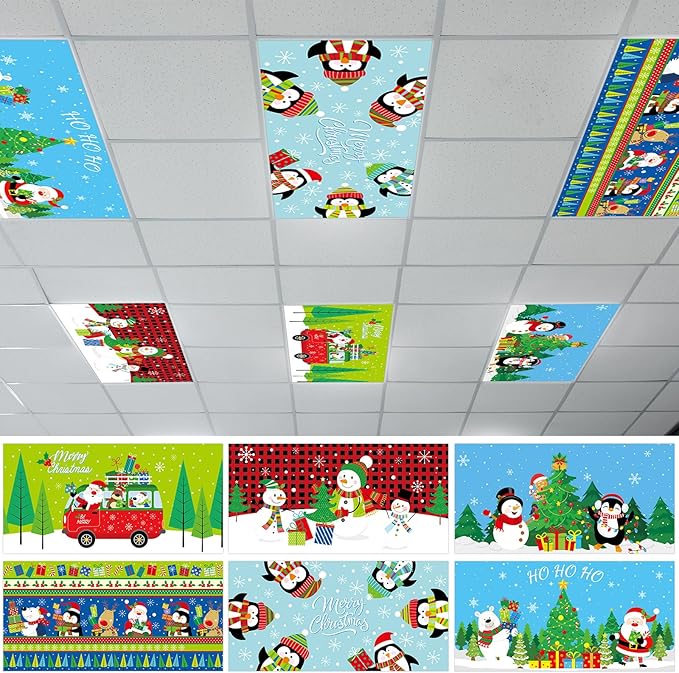 6 Pcs Fluorescent Light Covers with 60 Magnets Decorative for Classroom Ceiling Lights 4 x 2 Feet Magnetic Light Cover Filter Easy Install for Office Hospital Home Ceiling Supplies (Christmas Snowman)