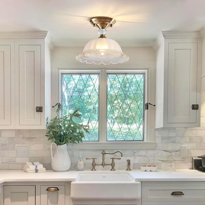 10.6" Milk Glass Semi Flush Mount Light Fixture Brass Gold Modern Hallway Light Vintage Close to Ceiling Light for Bedroom Entryway Kitchen Sink Porch