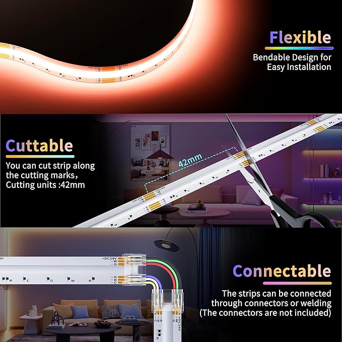 PAUTIX COB LED Strip Lights,20ft RGB+CCT 2700K-6500K White LED Lights,Dimmable Color Changing RGB LED Strip Light,with Remote/APP Control,for Kitchen Cabinets,Ceiling,Party DIY Lighting Projects