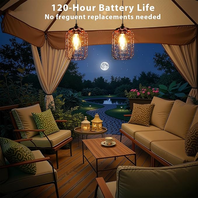 Battery Operated Hanging Outdoor Chandelier, Battery Pendant Light 4 AA Battery-Powered for Gazebo, Pergola, Porch, Patio, Outdoor Decor Lighting