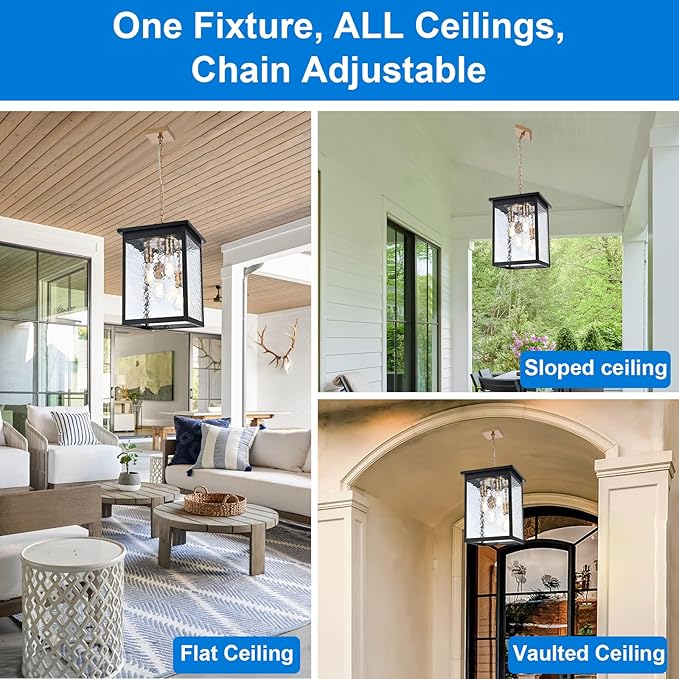 Large Outdoor Pendant Light Fixture, 4-Light Black & Brushed Brass Farmhouse Exterior Hanging Light Fixture with Hammer Glass Adjustable Chain, Outdoor Hanging Lantern for Porch Entrance Front