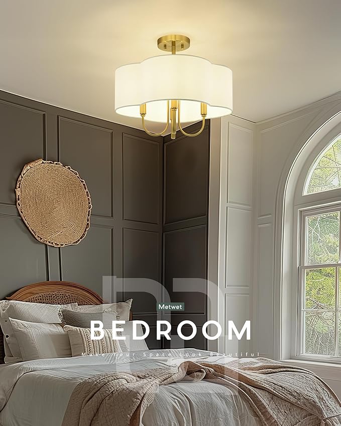 Gold Semi Flush Mount Ceiling Light, 18" 4-Light Light Fixtures Ceiling Mount with Fabric Shade in Quatrefoil for Kitchen Nursery Entryway Hallway Bedroom, SM179-BG-L