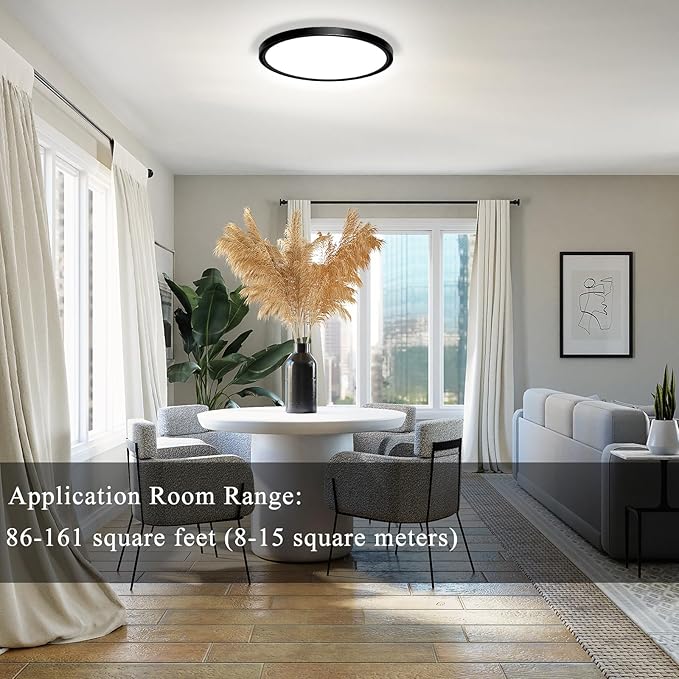 2 Pack LED Flush Mount Ceiling Light Fixture, 24W 12Inch 3000K, 3500K, 4500K, 5000K, 6500K 5 Color Temperatures Low Profile Ceiling Light for Bedroom, Living Room, Dining Room, Black