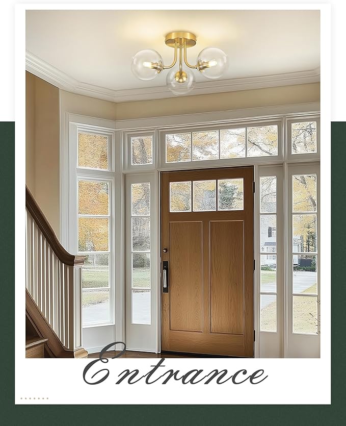 3-Globe Gold Flush Mount Ceiling Light in a Modern Farmhouse Design is Ideal for Living Rooms, Bedrooms, or Dining Rooms. Model:CKCL4845-3W-CLPG,(Bulb Incl)